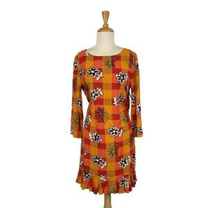 Handmade S Orange Floral Plaid Dress Midi Drop Waist 20s Cottagecore African